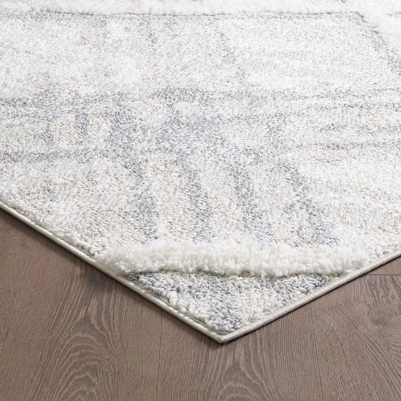 Cream Grey Trellis Moroccan Lines Shag Rug