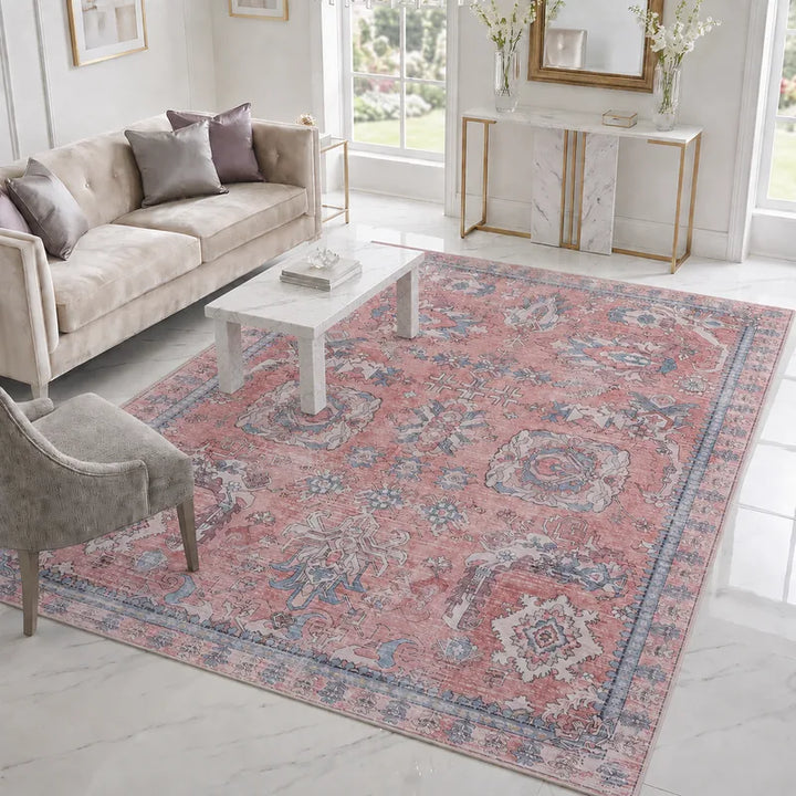 Pink Blue Vintage Abstract Floral Rug
