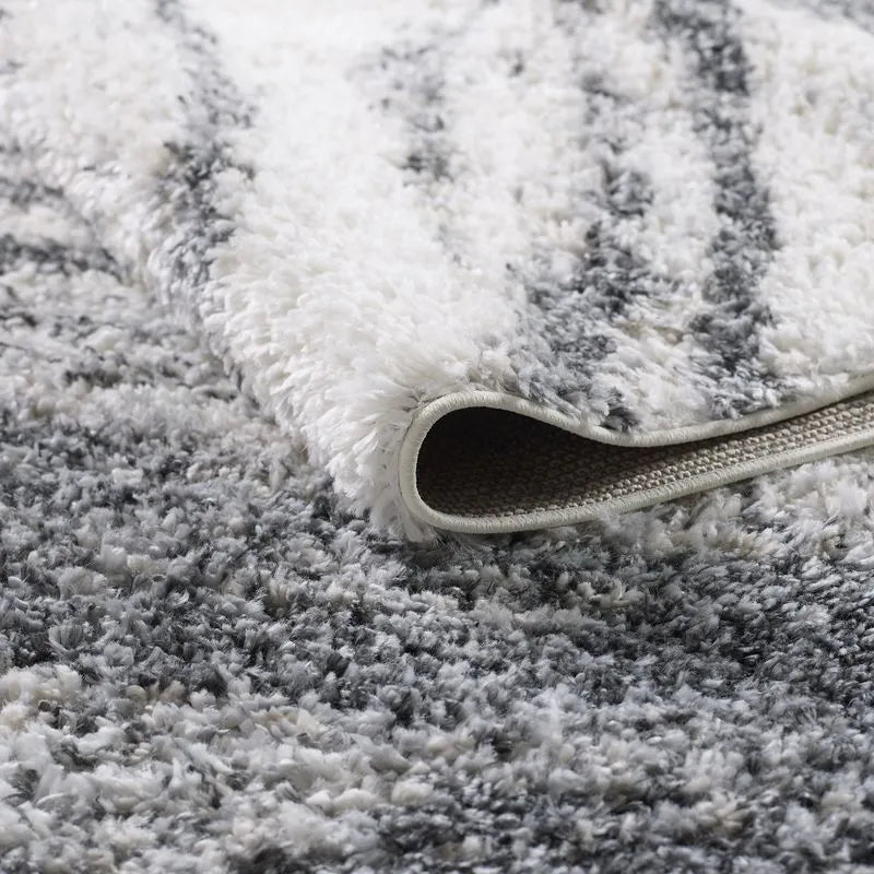 Cream Grey Wavy Brushstrokes Shag Rug