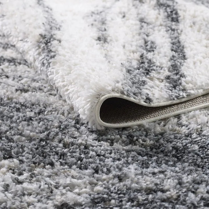 Cream Grey Wavy Brushstrokes Shag Rug
