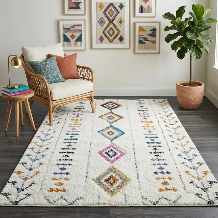 Off-White Multicolor Diamond Motif Contemporary Rug