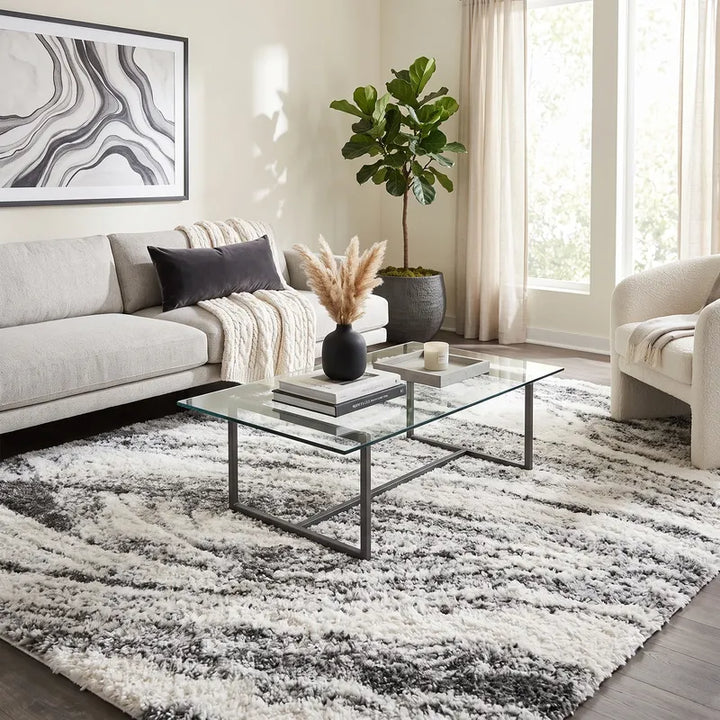 Cream Grey Wavy Brushstrokes Shag Rug