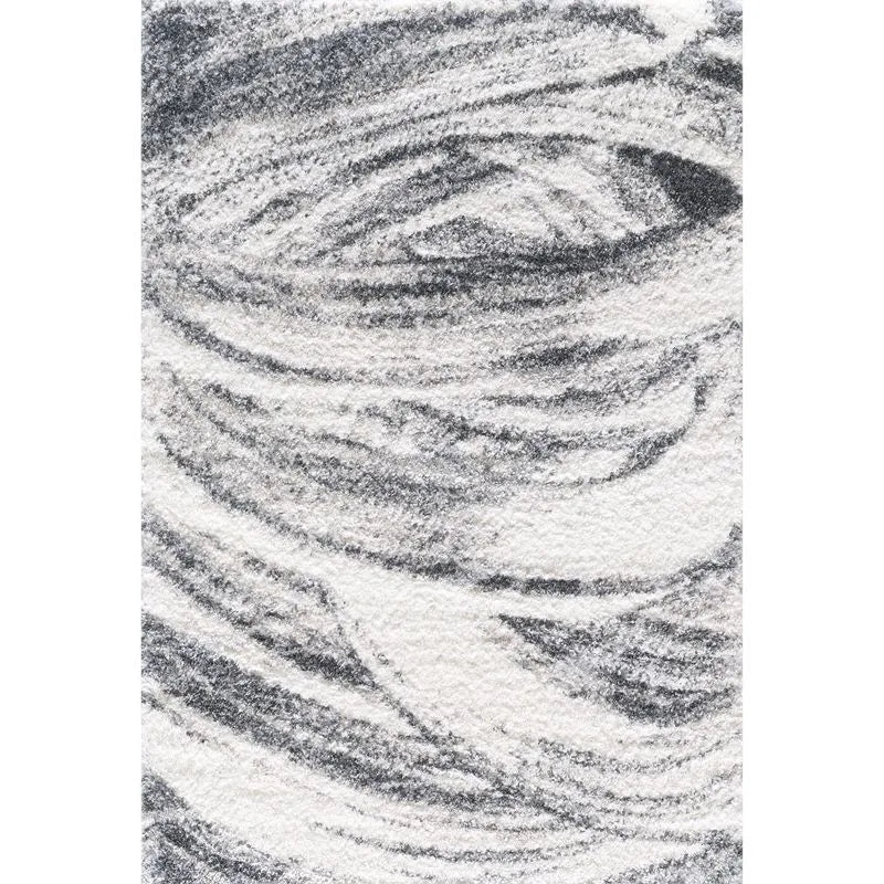 Cream Grey Wavy Brushstrokes Shag Rug