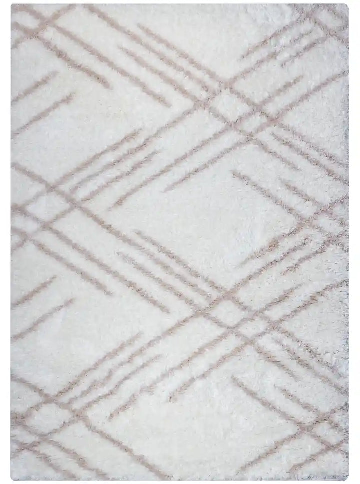 Cream Beige Lattice Lines Moroccan Shag Rug