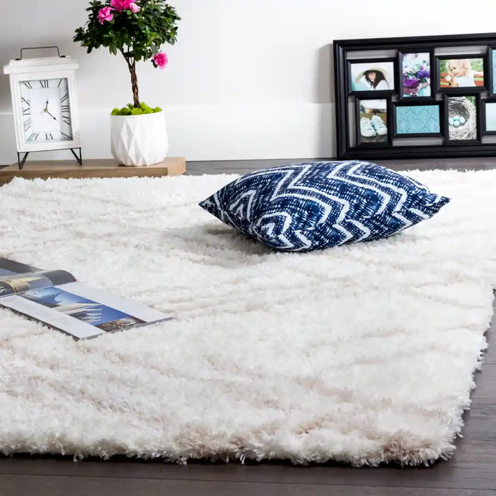 Cream Beige Lattice Lines Moroccan Shag Rug