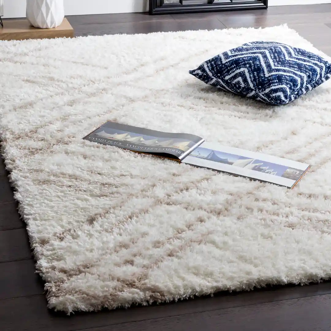 Cream Beige Lattice Lines Moroccan Shag Rug