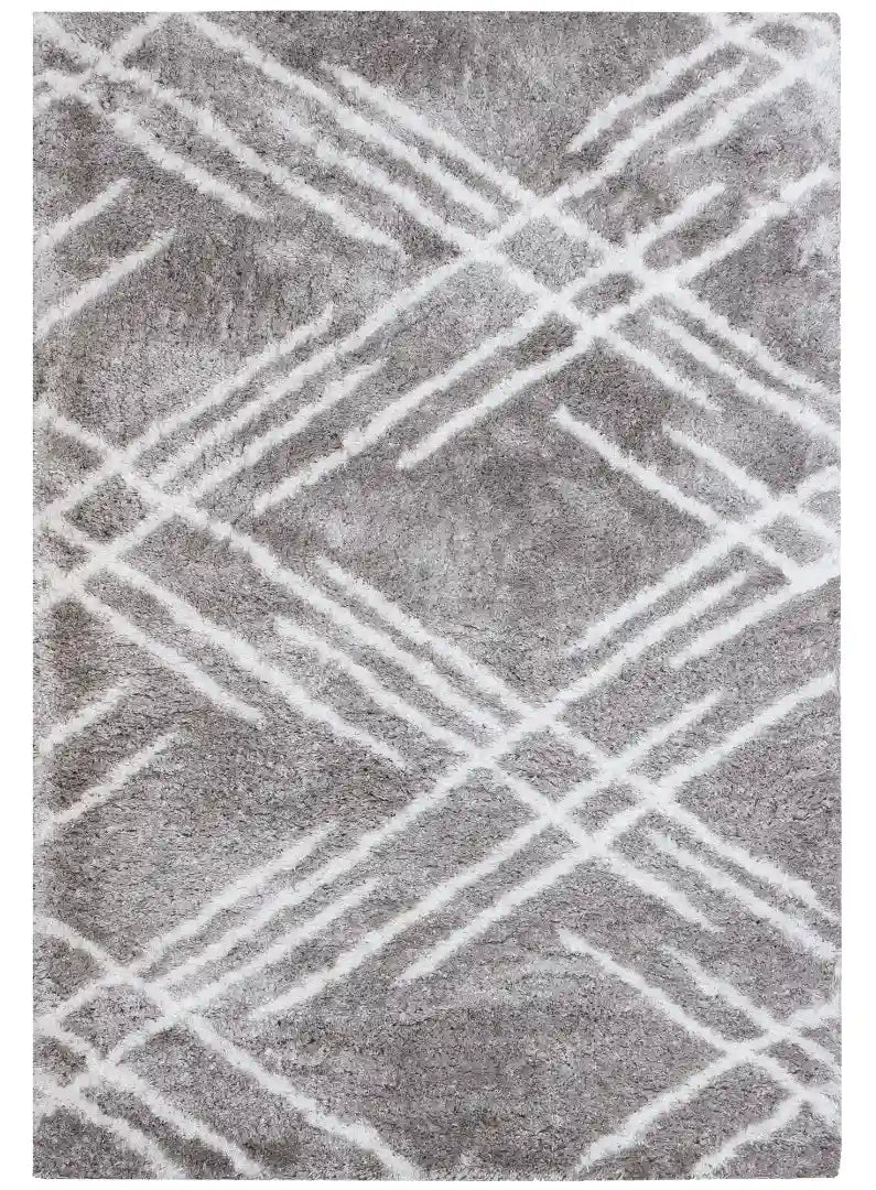 Grey White Lattice Lines Moroccan Shag Rug