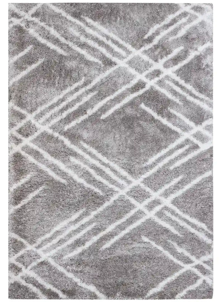 Grey White Lattice Lines Moroccan Shag Rug