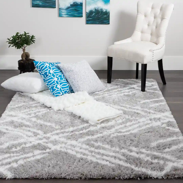 Grey White Lattice Lines Moroccan Shag Rug
