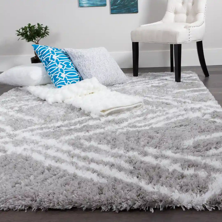 Grey White Lattice Lines Moroccan Shag Rug