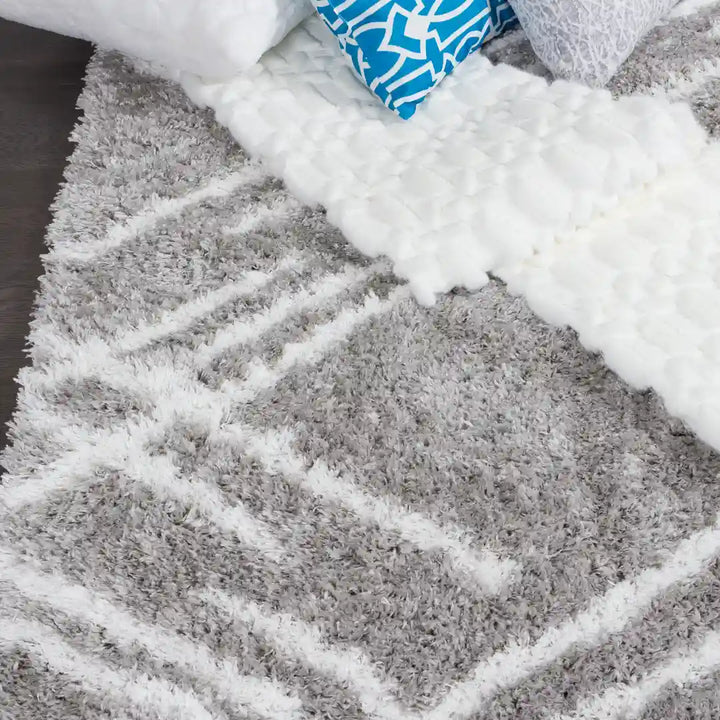 Grey White Lattice Lines Moroccan Shag Rug