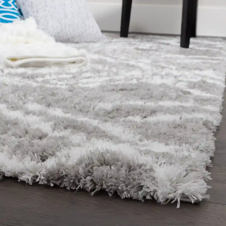 Grey White Lattice Lines Moroccan Shag Rug