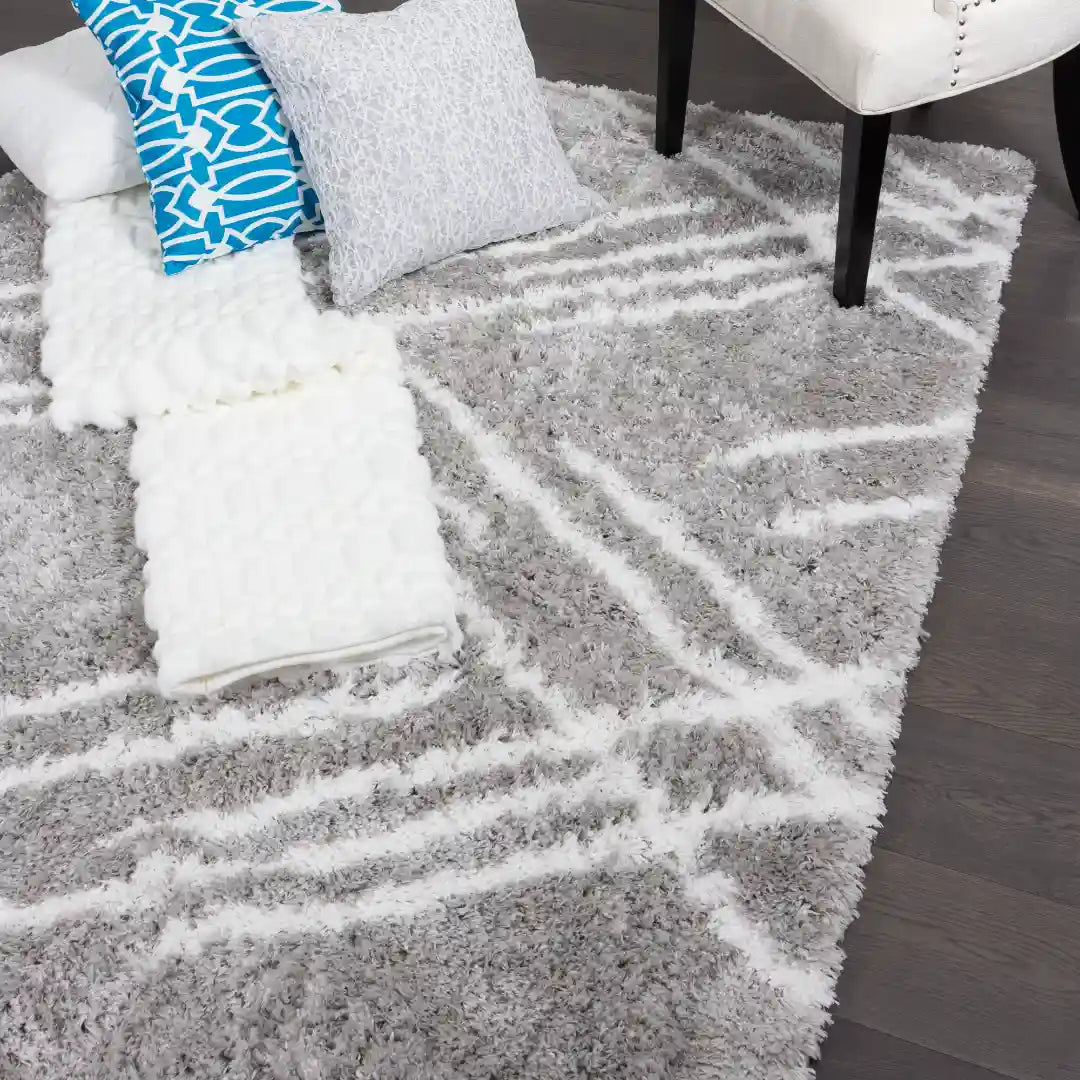 Grey White Lattice Lines Moroccan Shag Rug