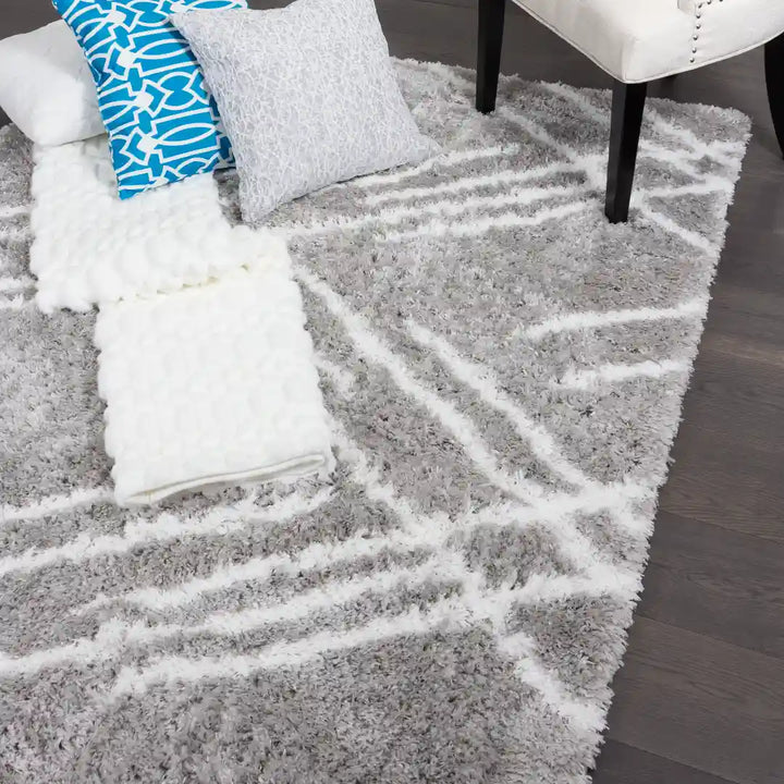 Grey White Lattice Lines Moroccan Shag Rug