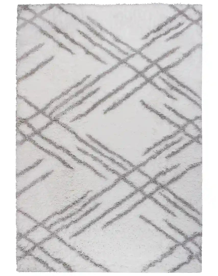 White Grey Lattice Lines Moroccan Shag Rug