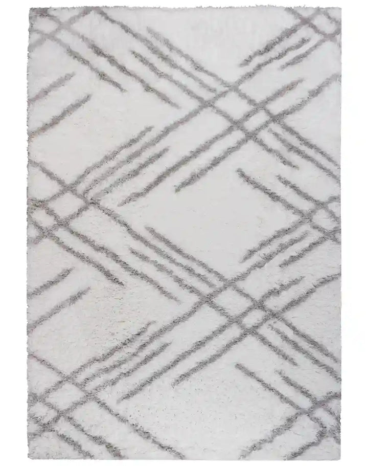 White Grey Lattice Lines Moroccan Shag Rug