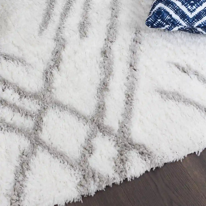 White Grey Lattice Lines Moroccan Shag Rug
