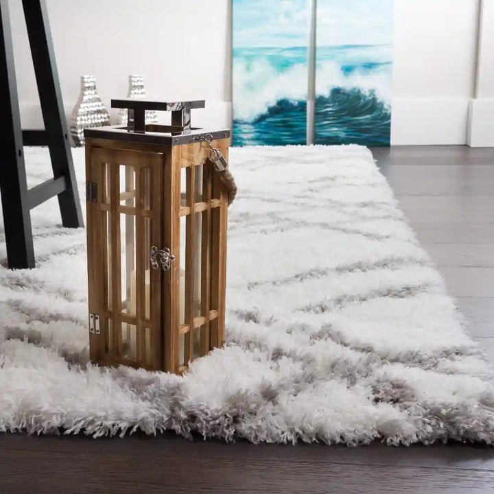 White Grey Lattice Lines Moroccan Shag Rug