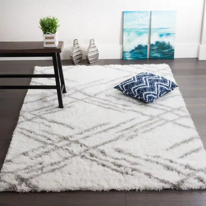 White Grey Lattice Lines Moroccan Shag Rug