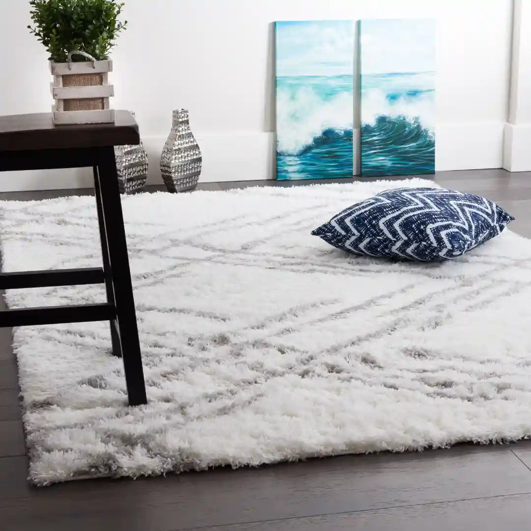 White Grey Lattice Lines Moroccan Shag Rug