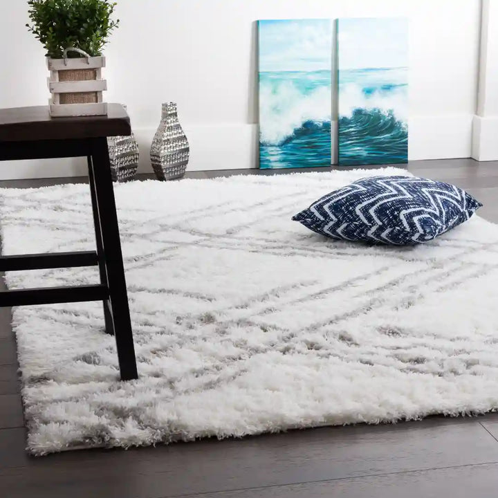 White Grey Lattice Lines Moroccan Shag Rug