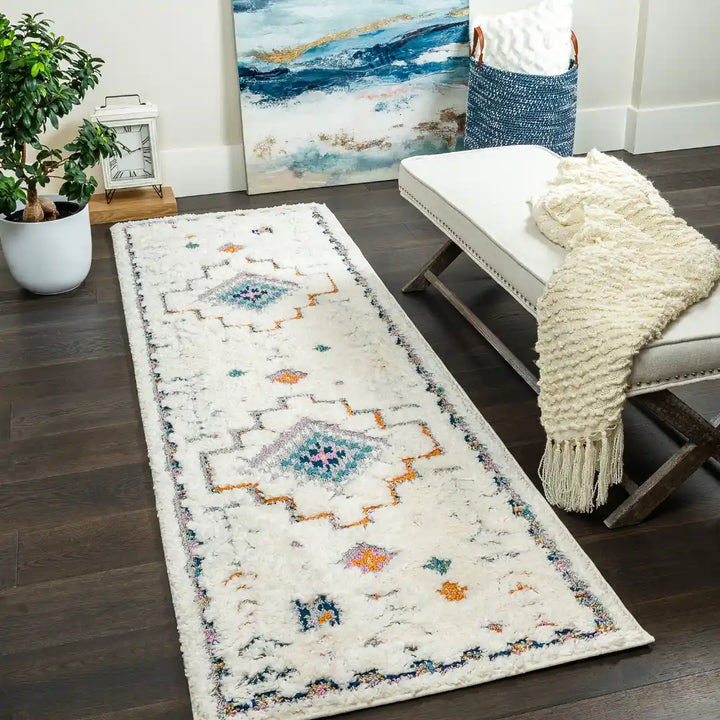 Off-White Multicolor Contemporary Boho Shag Rug