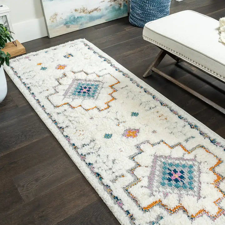 Off-White Multicolor Contemporary Boho Shag Rug