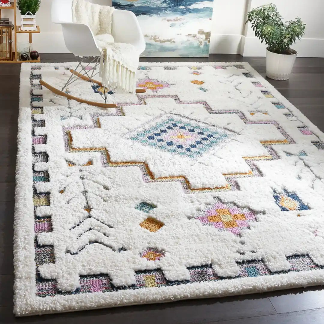 Off-White Multicolor Contemporary Boho Shag Rug