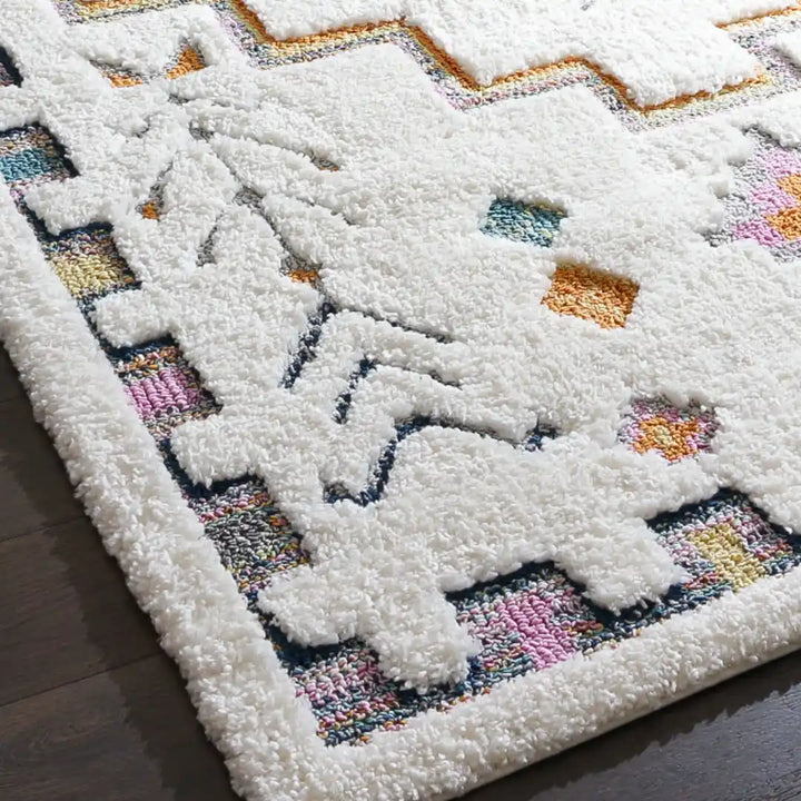 Off-White Multicolor Contemporary Boho Shag Rug