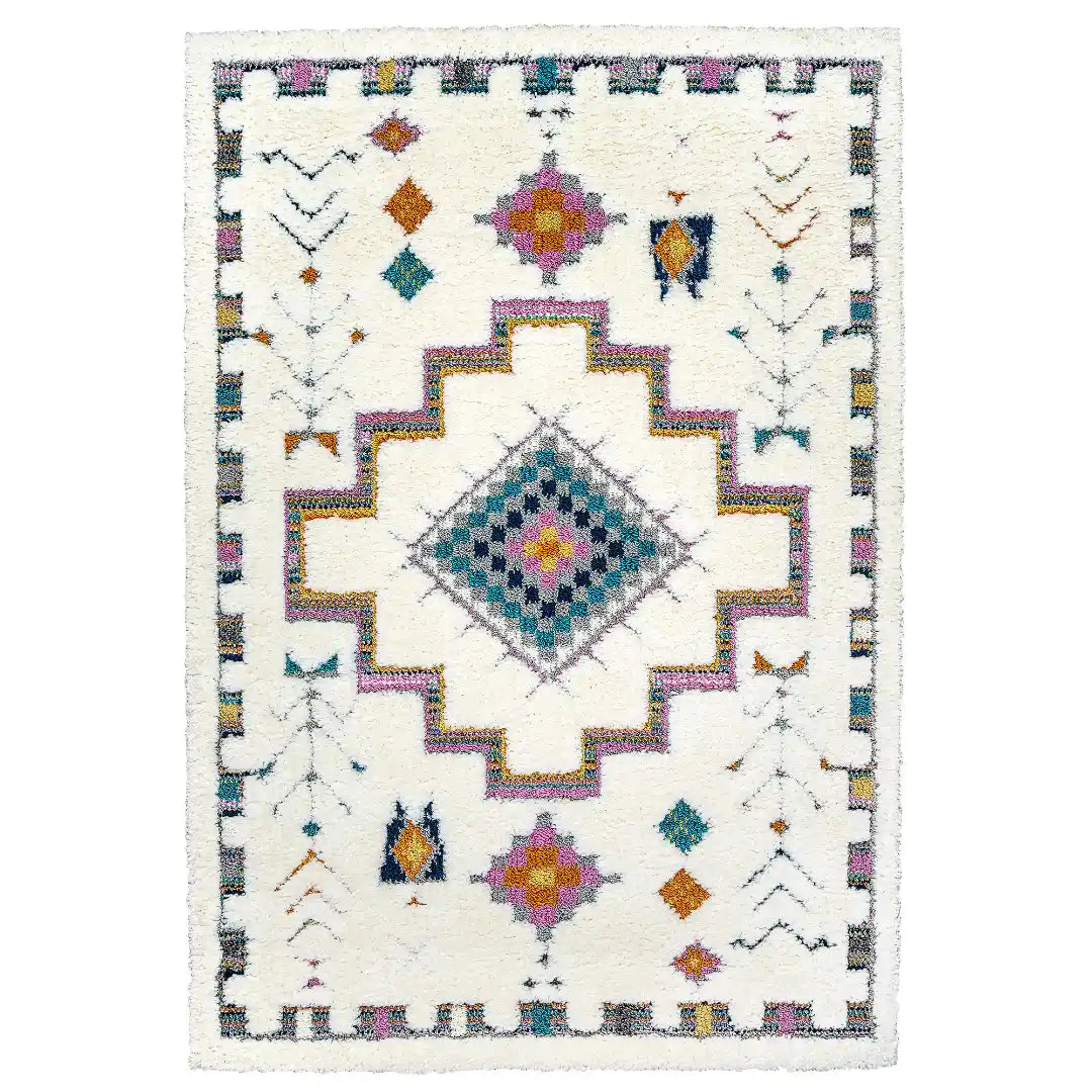 Off-White Multicolor Contemporary Boho Shag Rug