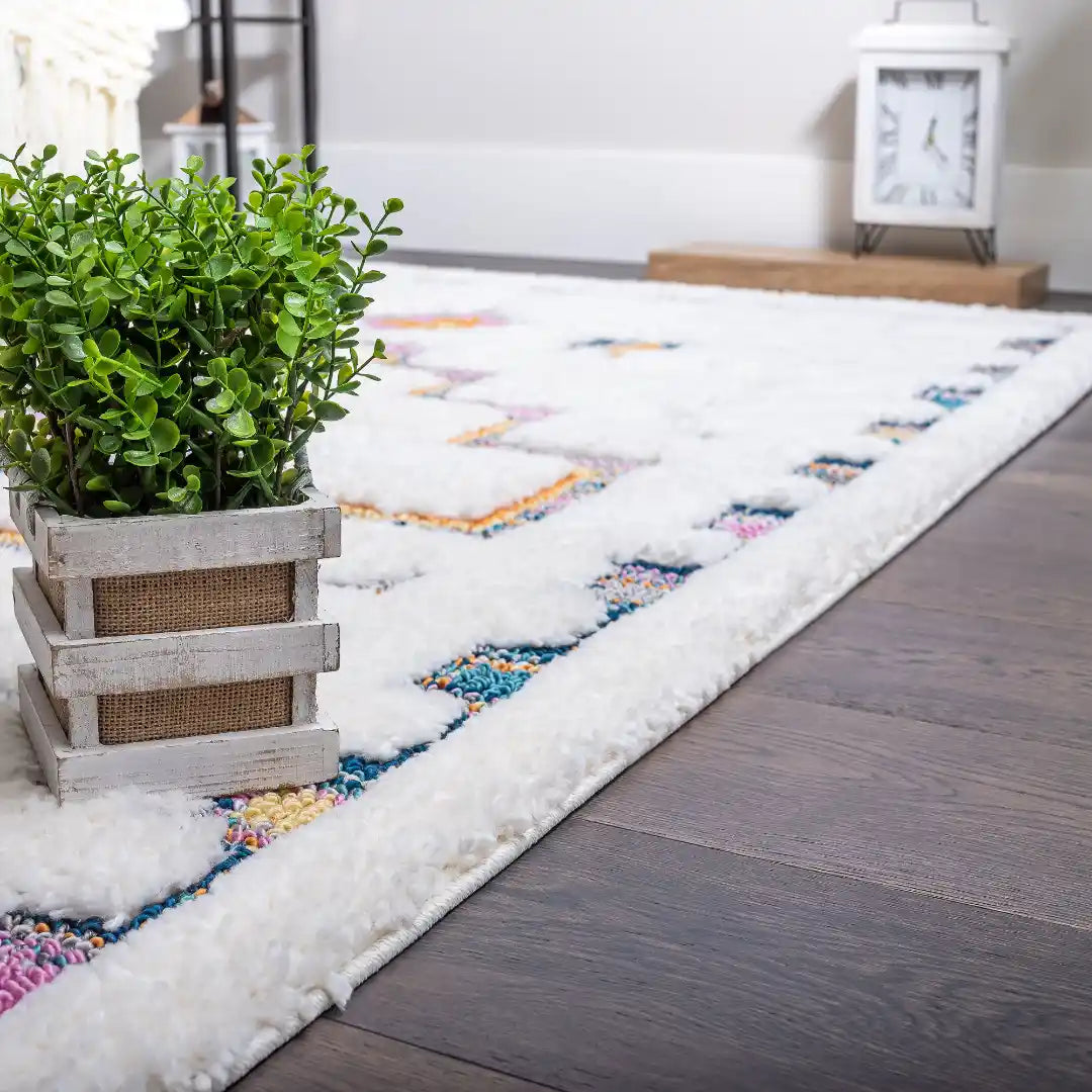 Off-White Multicolor Contemporary Boho Shag Rug