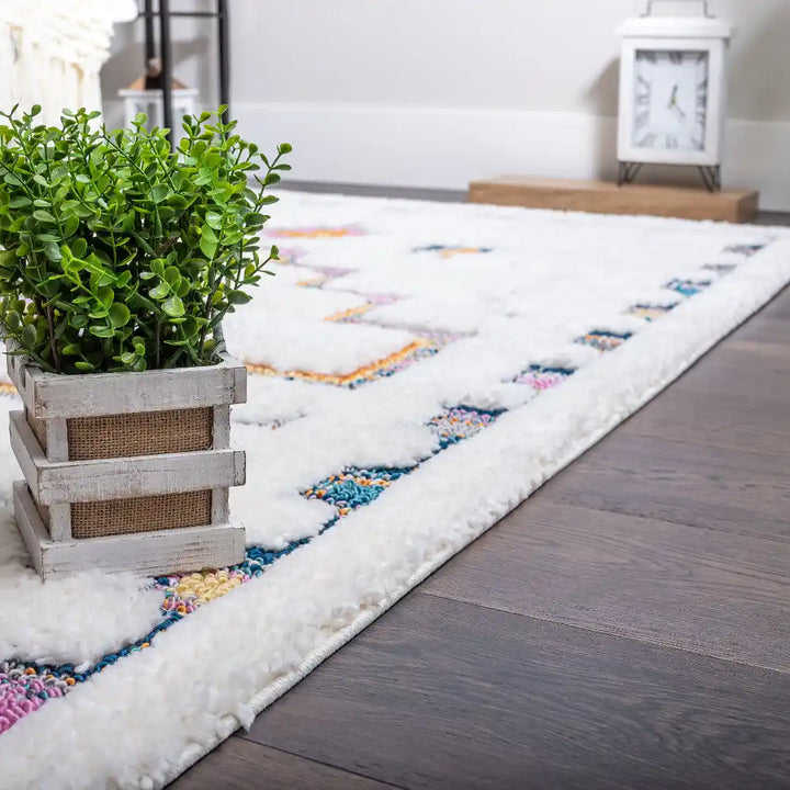 Off-White Multicolor Contemporary Boho Shag Rug