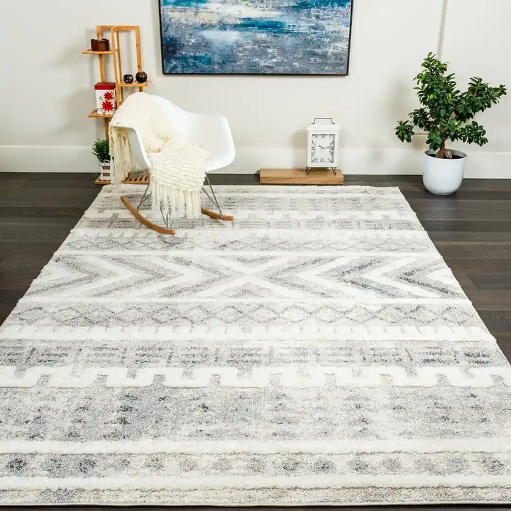 Cream Grey Modern Moroccan Shag Rug