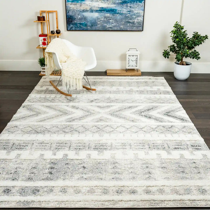 Cream Grey Modern Moroccan Shag Rug