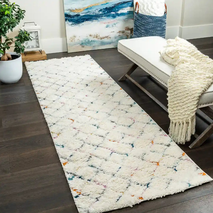 Off-White Multicolor Modern Lattice Moroccan Shag Rug