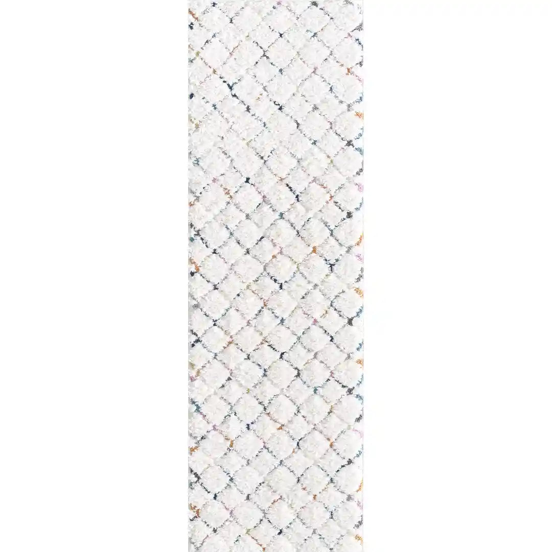 Off-White Multicolor Modern Lattice Moroccan Shag Rug