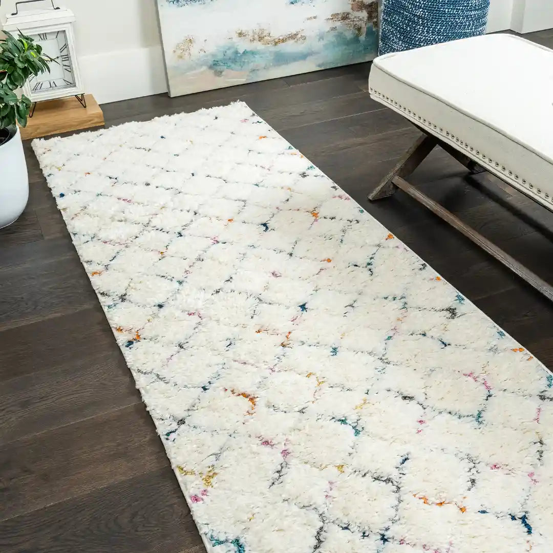 Off-White Multicolor Modern Lattice Moroccan Shag Rug