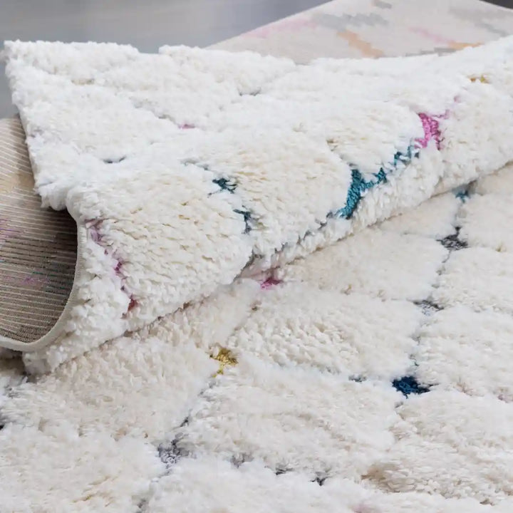 Off-White Multicolor Modern Lattice Moroccan Shag Rug