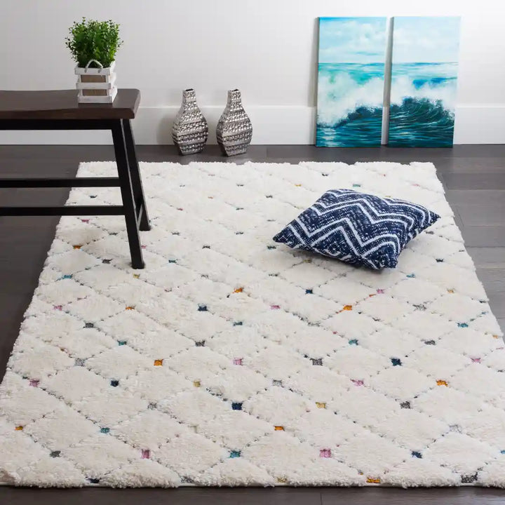 Off-White Multicolor Modern Lattice Moroccan Shag Rug