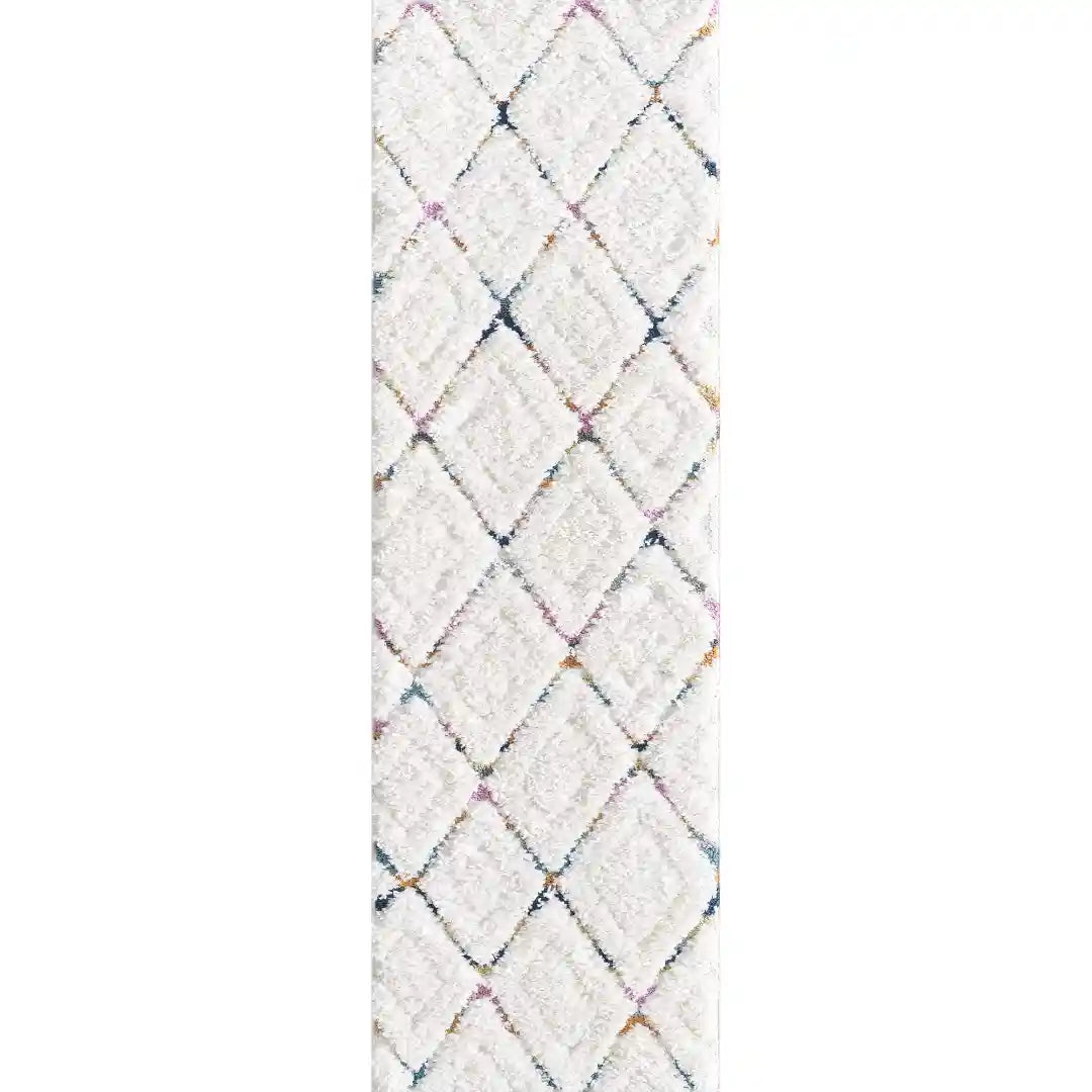 Off-White Multicolor Trellis Moroccan Shag Rug