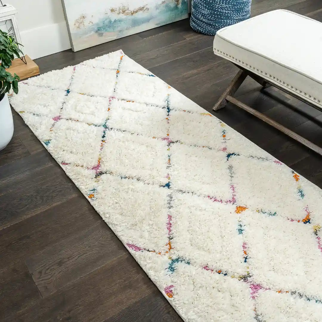 Off-White Multicolor Trellis Moroccan Shag Rug