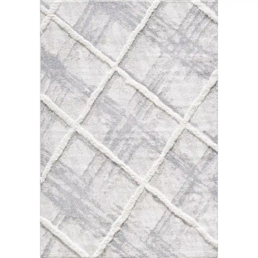 Cream Grey Trellis Moroccan Lines Shag Rug