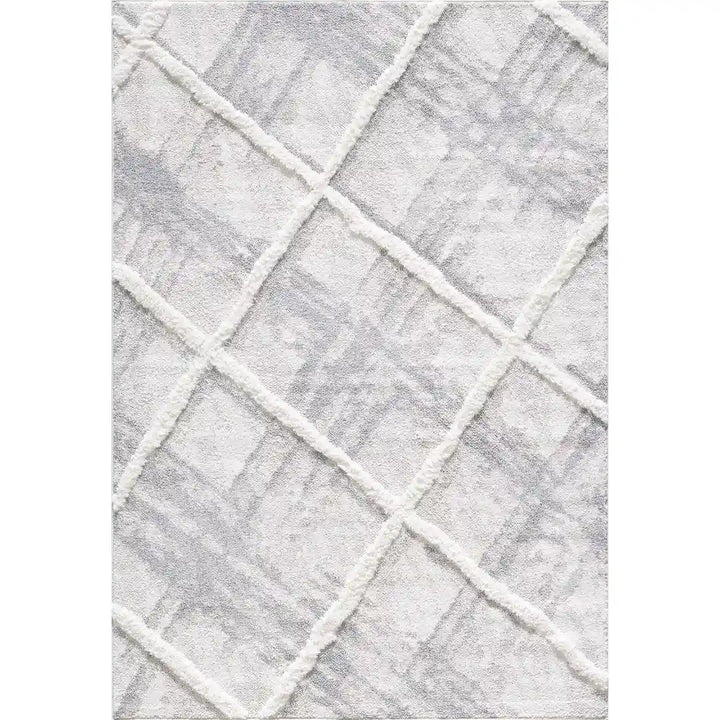 Cream Grey Trellis Moroccan Lines Shag Rug