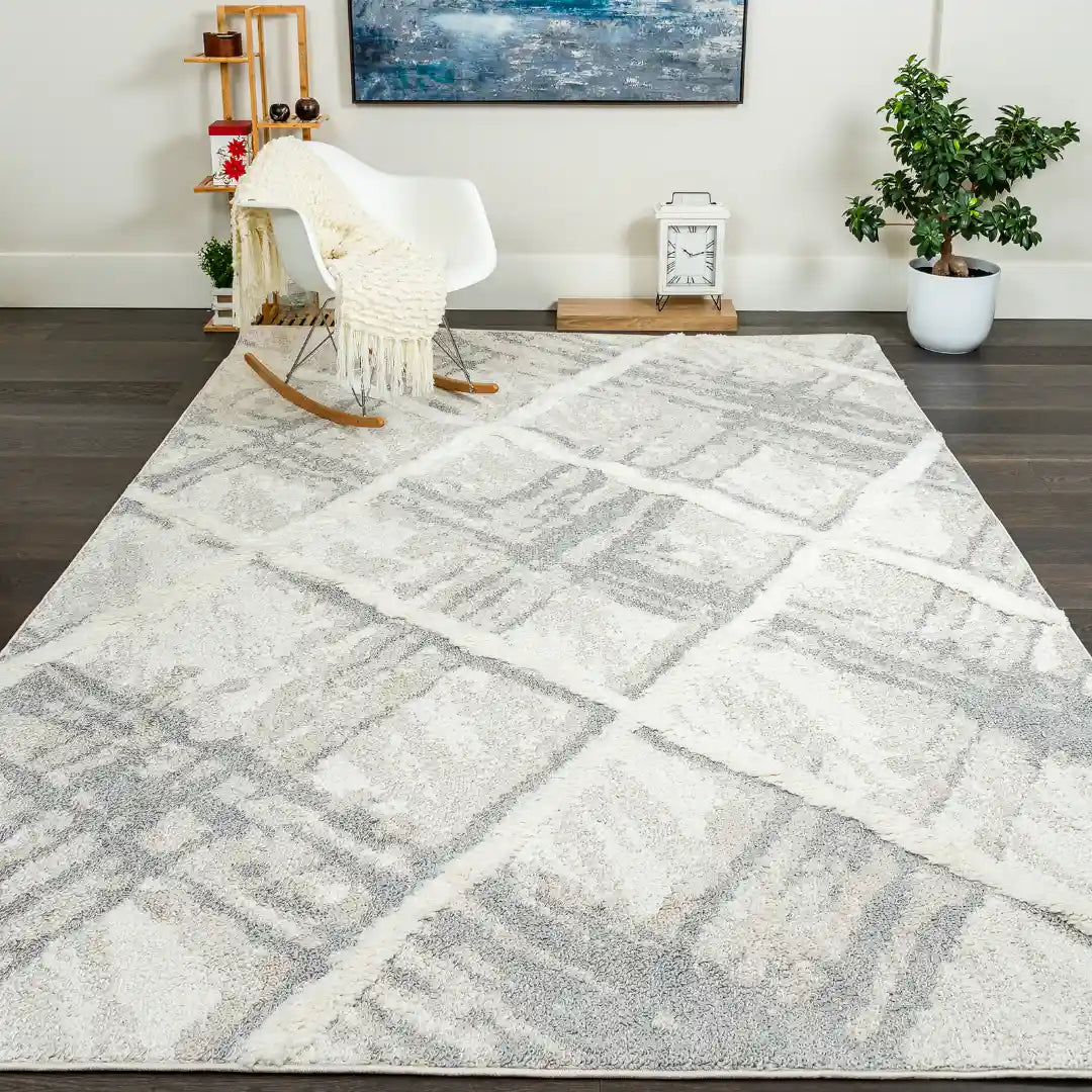 Cream Grey Trellis Moroccan Lines Shag Rug
