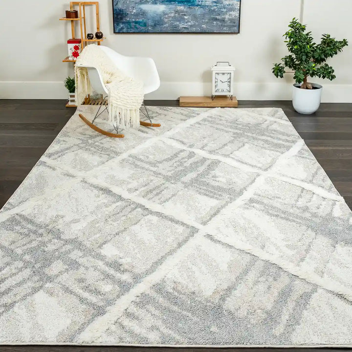 Cream Grey Trellis Moroccan Lines Shag Rug
