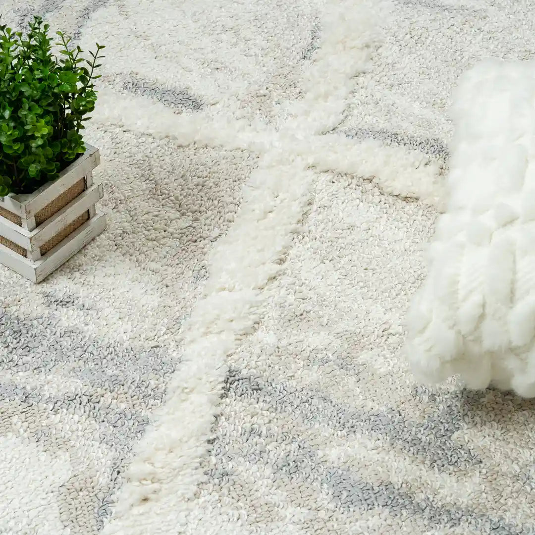 Cream Grey Trellis Moroccan Lines Shag Rug