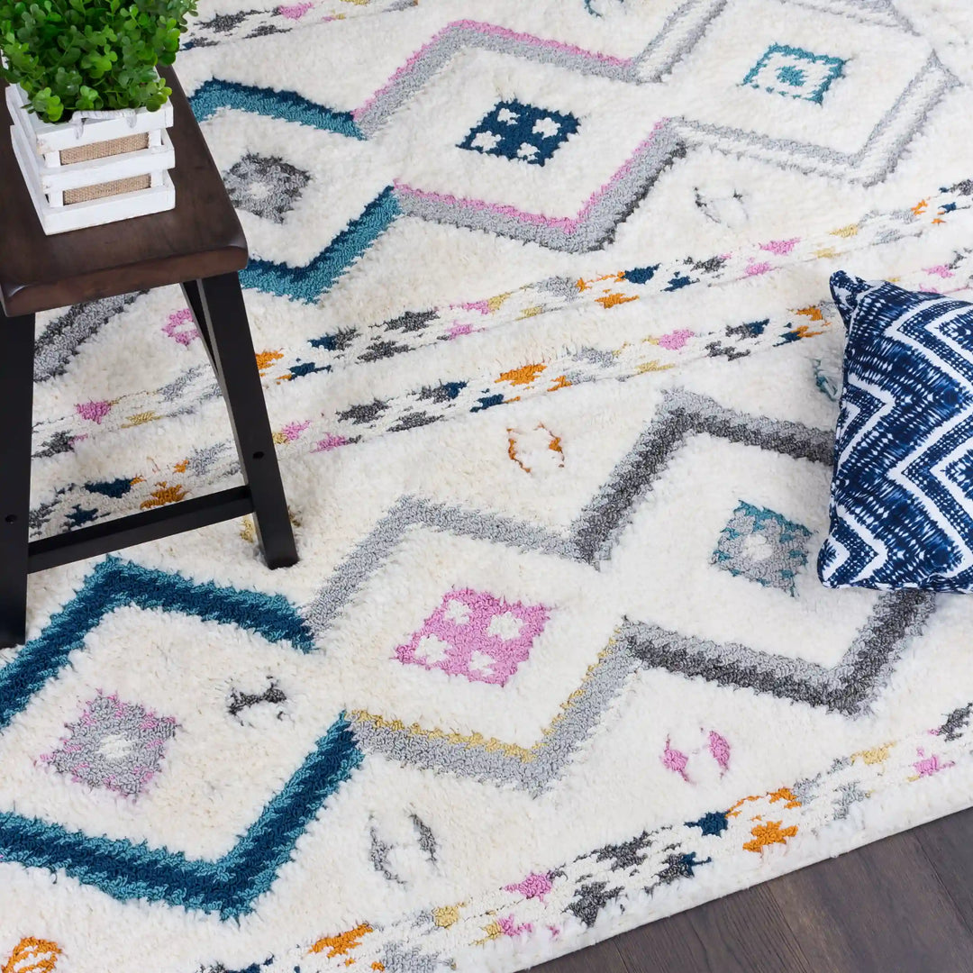 Off-White Multicolor Chevron Shag Rug