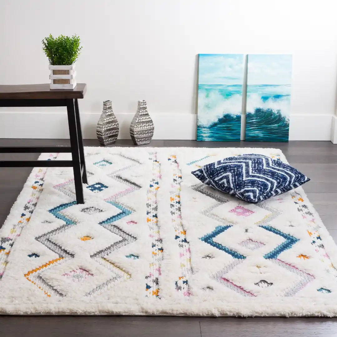 Off-White Multicolor Chevron Shag Rug