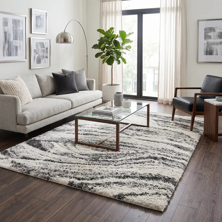 Cream Grey Wavy Brushstrokes Shag Rug