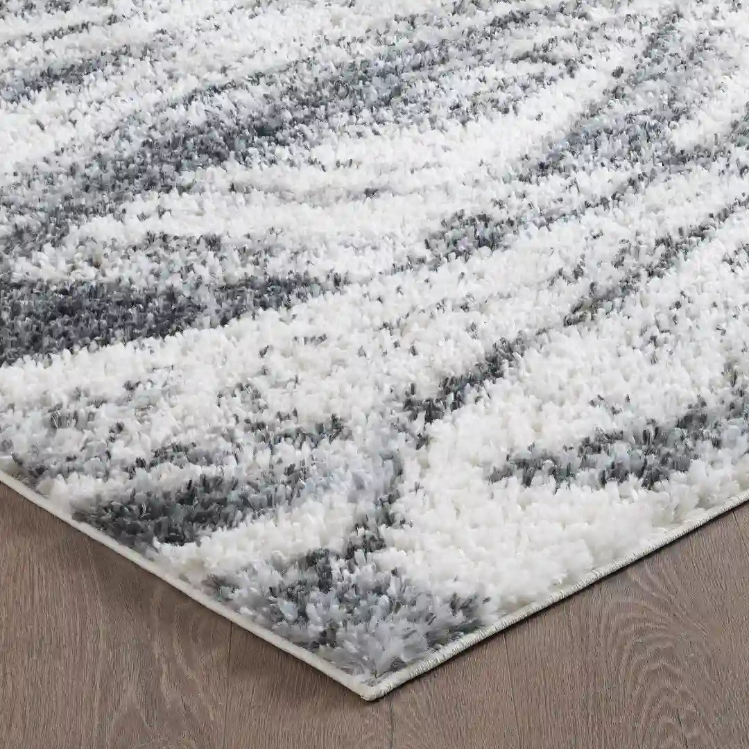 Cream Grey Wavy Brushstrokes Shag Rug